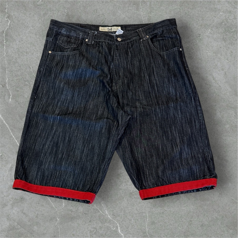 Stylish Dark Denim Jean Shorts with Red Trim
